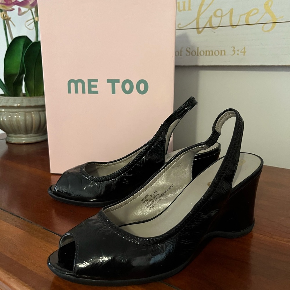 Me Too • Black Patent Leather Slingback Wedge Heels • size 7.5